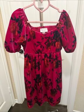 The Children's Place Hot Pink Floral Velvet Puff-Sleeve Dress